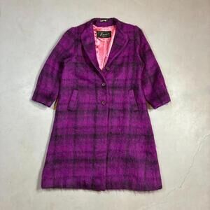 Vintage Full-Length Mohair Fuzzy Coat Purple Plaid 1960s